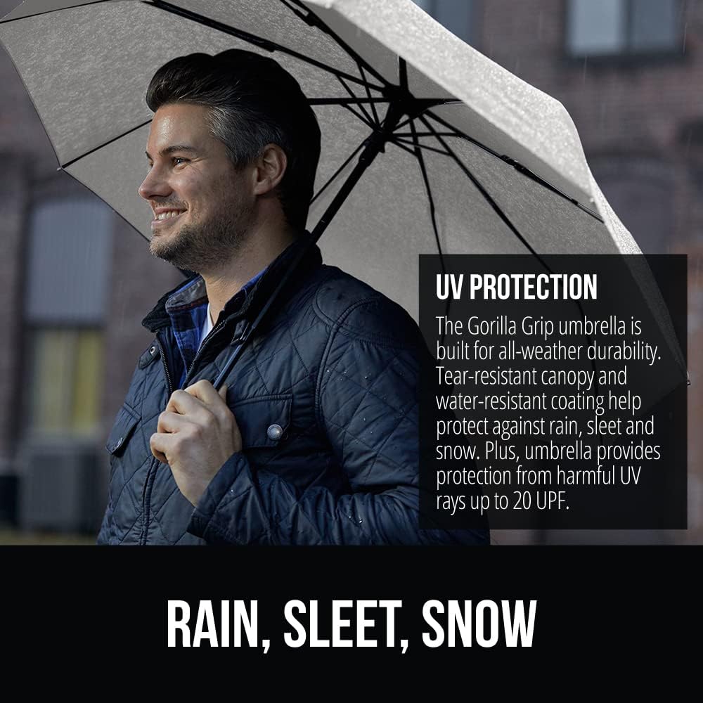 GORILLA GRIP Strong Windproof Stick Compact Umbrella for Rain, One-Click Automatic Open and Close, Durable Quick Dry Waterproof Material, Lightweight and Portable, Travel Size Fits Backpack, Gray