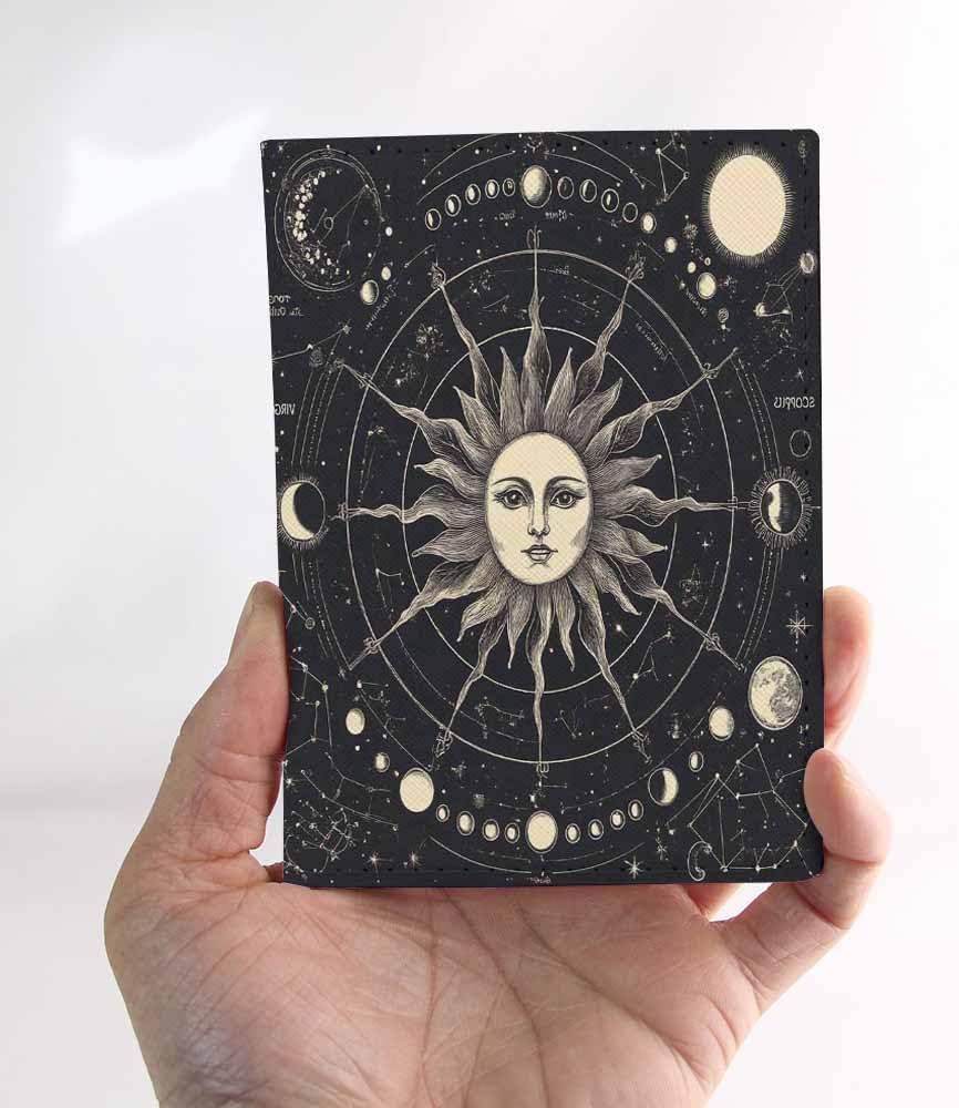 Moon Phases Passport Holder for Travel Vintage Engraving Style Zodiac Signs PU Leather Passport Cover Wallet Cute Passport Card Holder for Women and Men