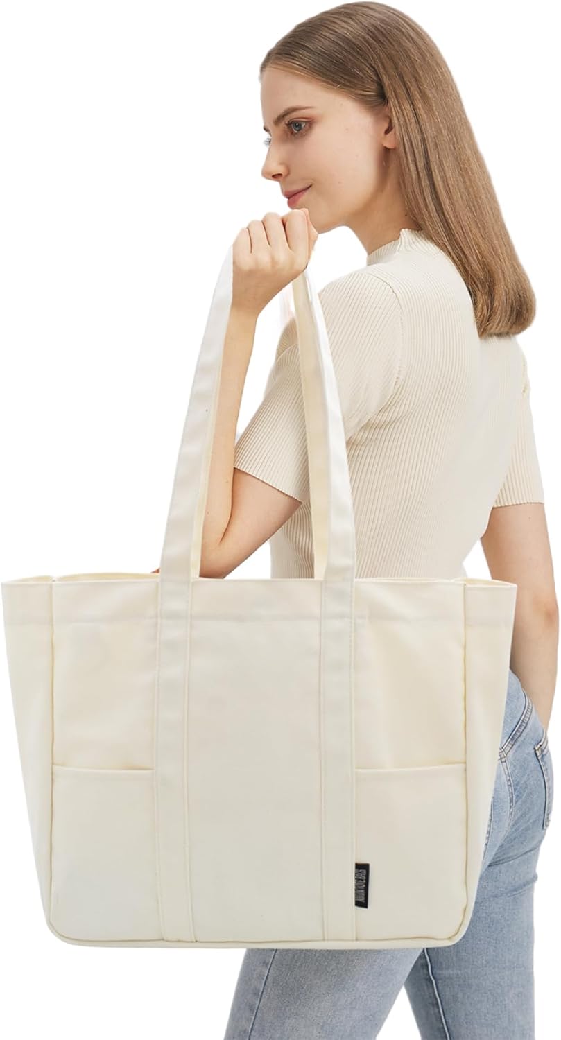 TeeYee Women's 20L Canvas Tote Bag Reusable Multi-Pocket Organizer for Travel Work Gym Shopping Large Shoulder Bag