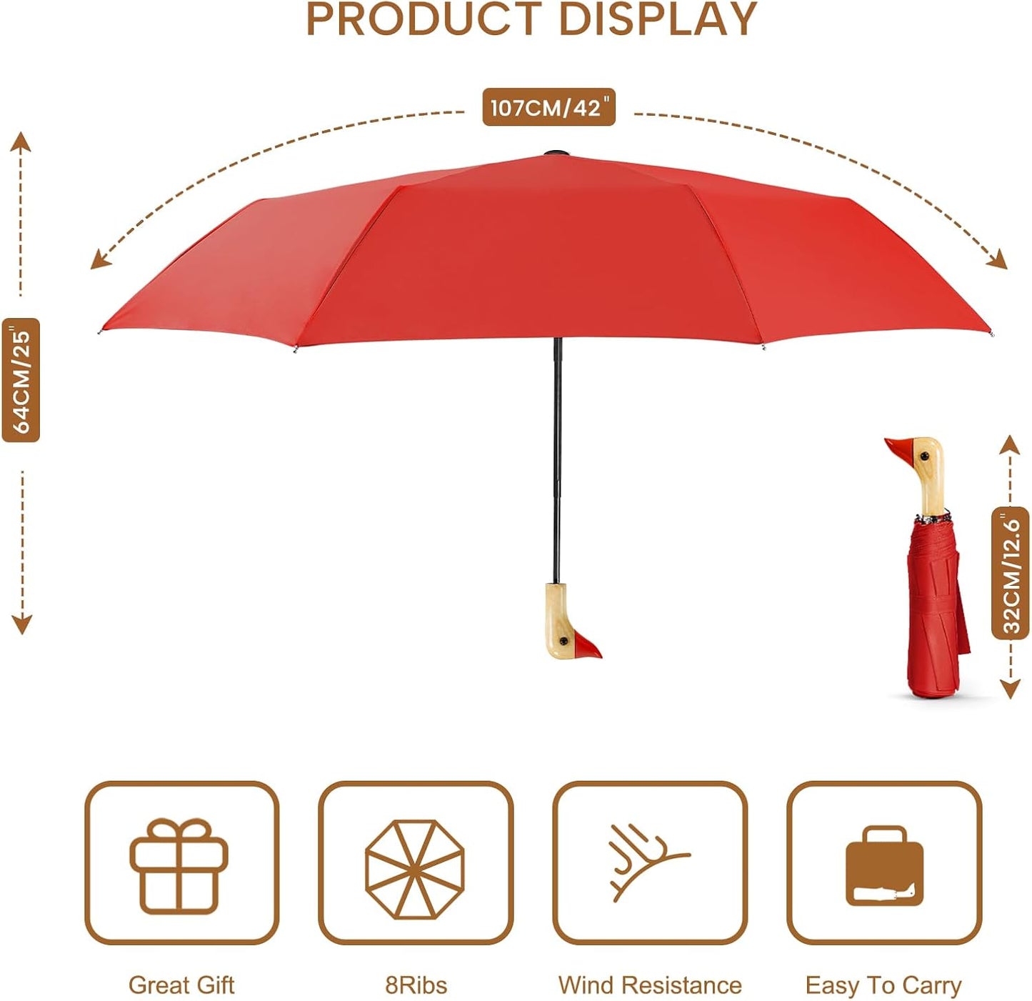LEAGERA Compact Small Umbrellas for Rain&Sun, Cute Design Duck Head Umbrella for Girls Gifts, 8 Ribs Folding Umbrella with Wooden Handle