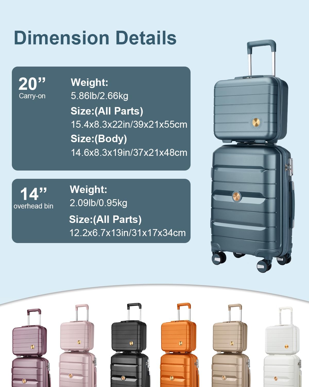 Somago 20 Inch Carry On Luggage Sets Hardside Suitcase with Double Spinner Wheels and TSA Lock YKK Zipper (Ice Blue,14/20)
