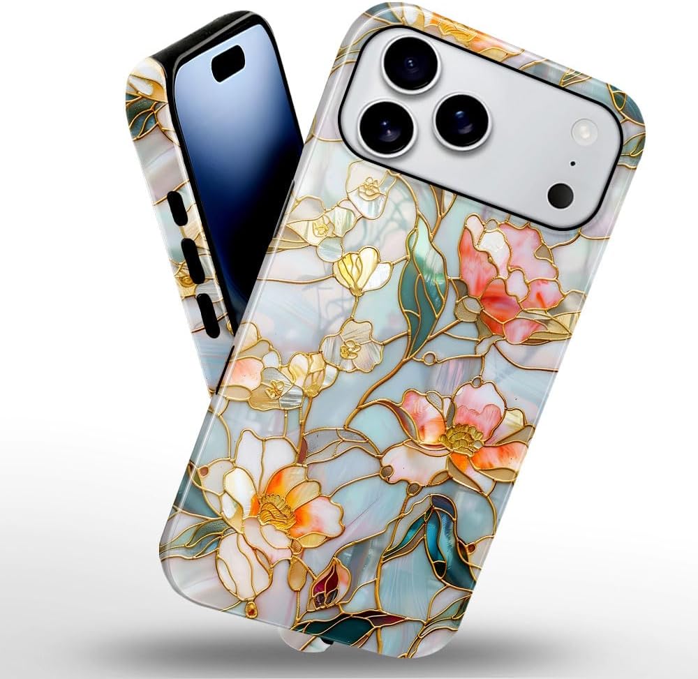 Case for iPhone 17 Pro Max - Slim Fit Anti-Scratch Phone Case for Girl Women - Stained Glass Aesthetic Flowers (Glossy)