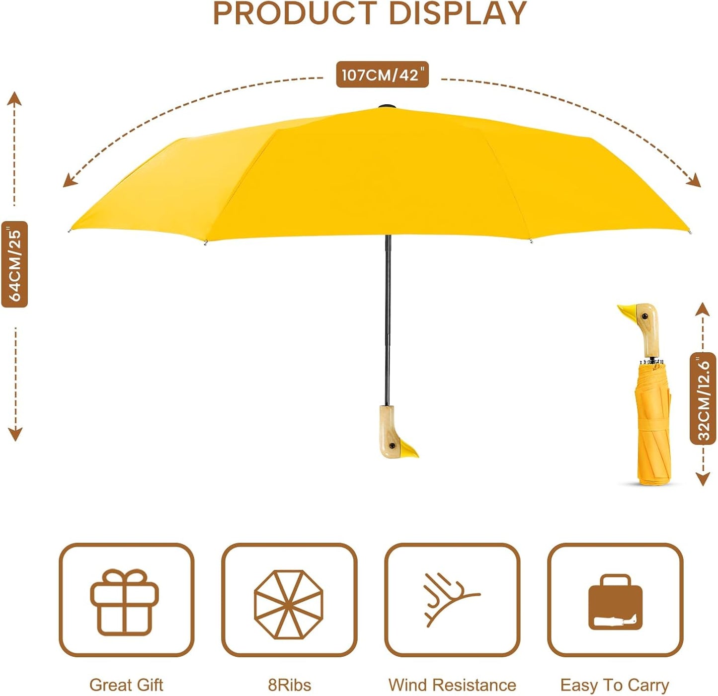 LEAGERA Compact Small Umbrellas for Rain&Sun, Cute Design Duck Head Umbrella for Girls Gifts, 8 Ribs Folding Umbrella with Wooden Handle