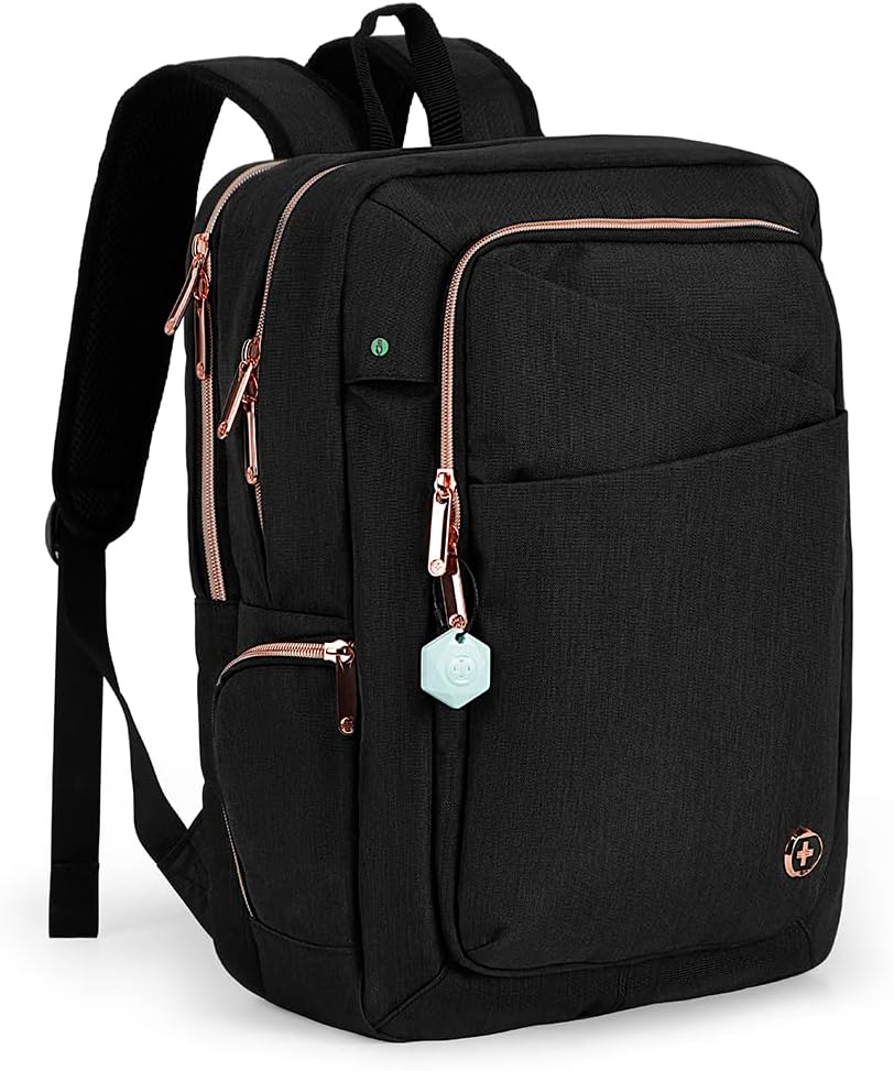 Swissdigital Design Business Backpack For Women with Rose Gold-Tone Zippers College Travel Laptop Backpack With Apple Find My Network,Fits 15.6 inch Laptop,Black | KATY ROSE