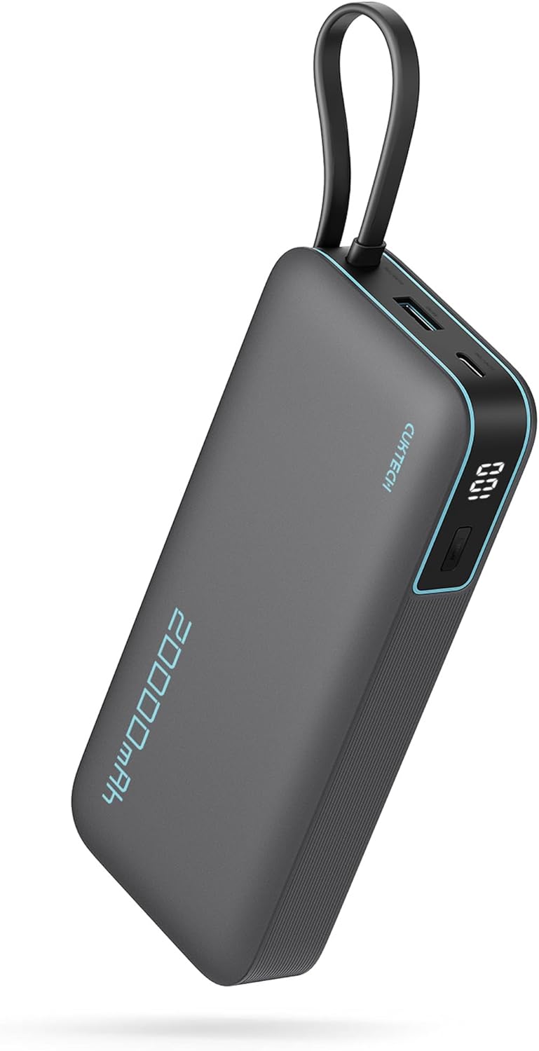 CUKTECH 45W Power Bank 20000mAh, Portable Travel Charger Built-in USB C Cable, Fast Charging Battery Pack for iPhone 16/15/14/13, iPad, Samsung Galaxy, Google Pixel, Android and More (Gray)