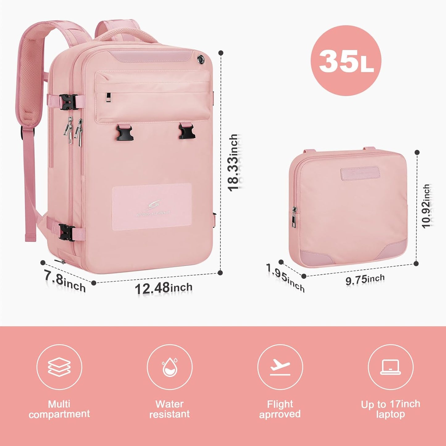 Maelstrom Travel Backpack for Women Men,35L Laptop Backpack Fits 17-Inch Laptop,Carry On Backpack for Airplanes with Crossbody Bag & Shoe Compartment&Toiletry Bag (Pink, Large)