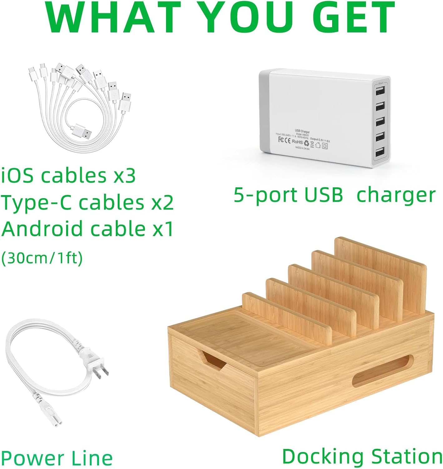 Bamboo Charging Station for Multiple Devices, Desktop Charger Organizer with Tray& Drawer, Wooden