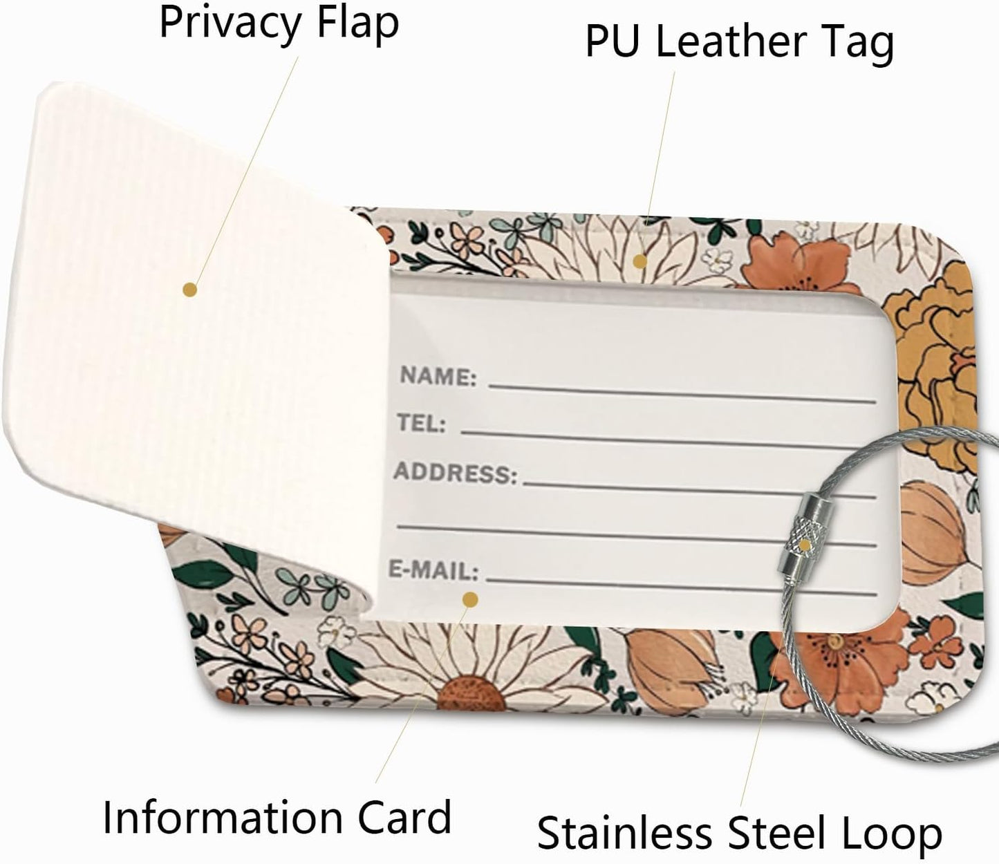 Vintage Retro Luggage Tag,Flower 2 Pack Travel Suitcase Tags Label with Steel Loop,Handbag School Bag Backpack Traveling Accessories,Flora Gifts for Women