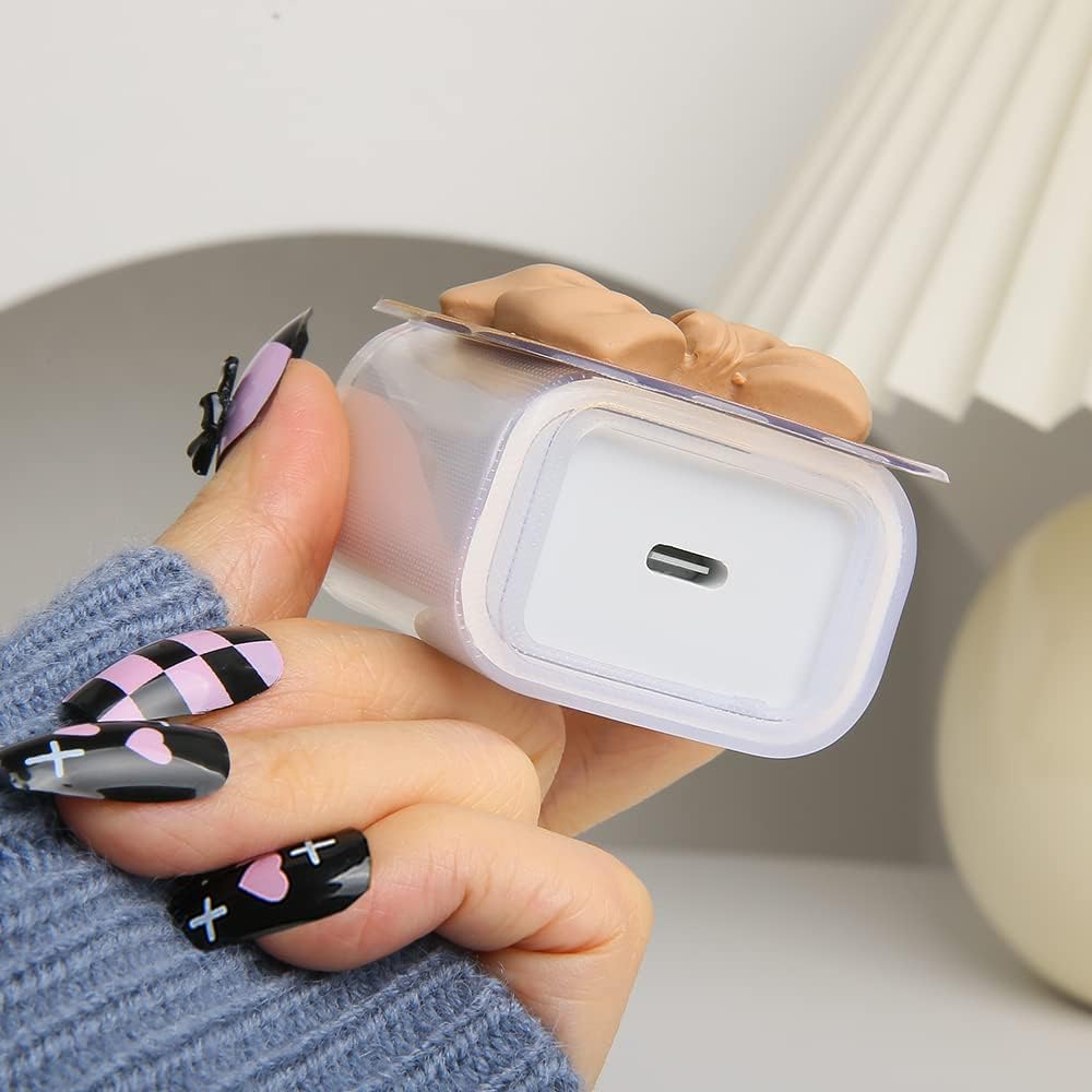 Compatible with iPhone 18W/20W USB-C Charger Cover Cute 3D Bow Tie Design Clear Soft Charger Protector Kawaii Cable Saver for iPhone 11 12 13 14 Pro Max Fast Power Adapter, Brown 2 (5in1)