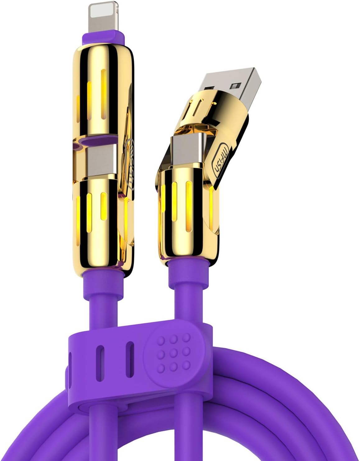 MFish 4-in-1 Universal USB Charging Cable with Carrying Case – 240W Max Fast Charger Cord, USB-A, Dual USB-C & Lighting, for iPhone 14/15/16/17 Series, iPad & MacBook and More (Purple Gold, 6.6Ft)