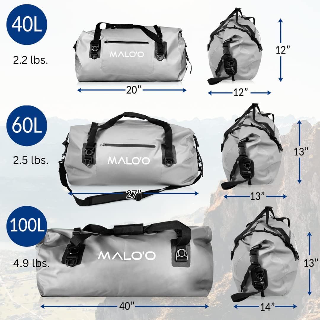 Malo’o Waterproof Dry Duffel, Heavy-Duty Roll Top Waterproof Gear Bag with Shoulder Strap & Molle Loops, Marine Duffel for Kayaking, Boating, Camping, Beach & Travel, Grey, 40L