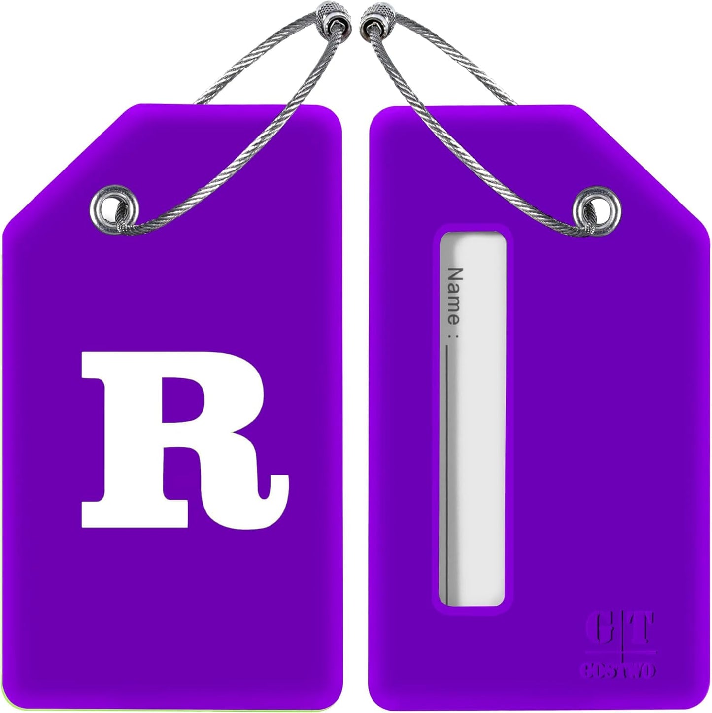 Gostwo 2 Pack Silicone Luggage Tags for Suitcases, 26 Initial Letter Baggage Labels Handbag School Bag Suitcase Instrument Tag with Stainless Steel Loop(Purple) (Letter R)