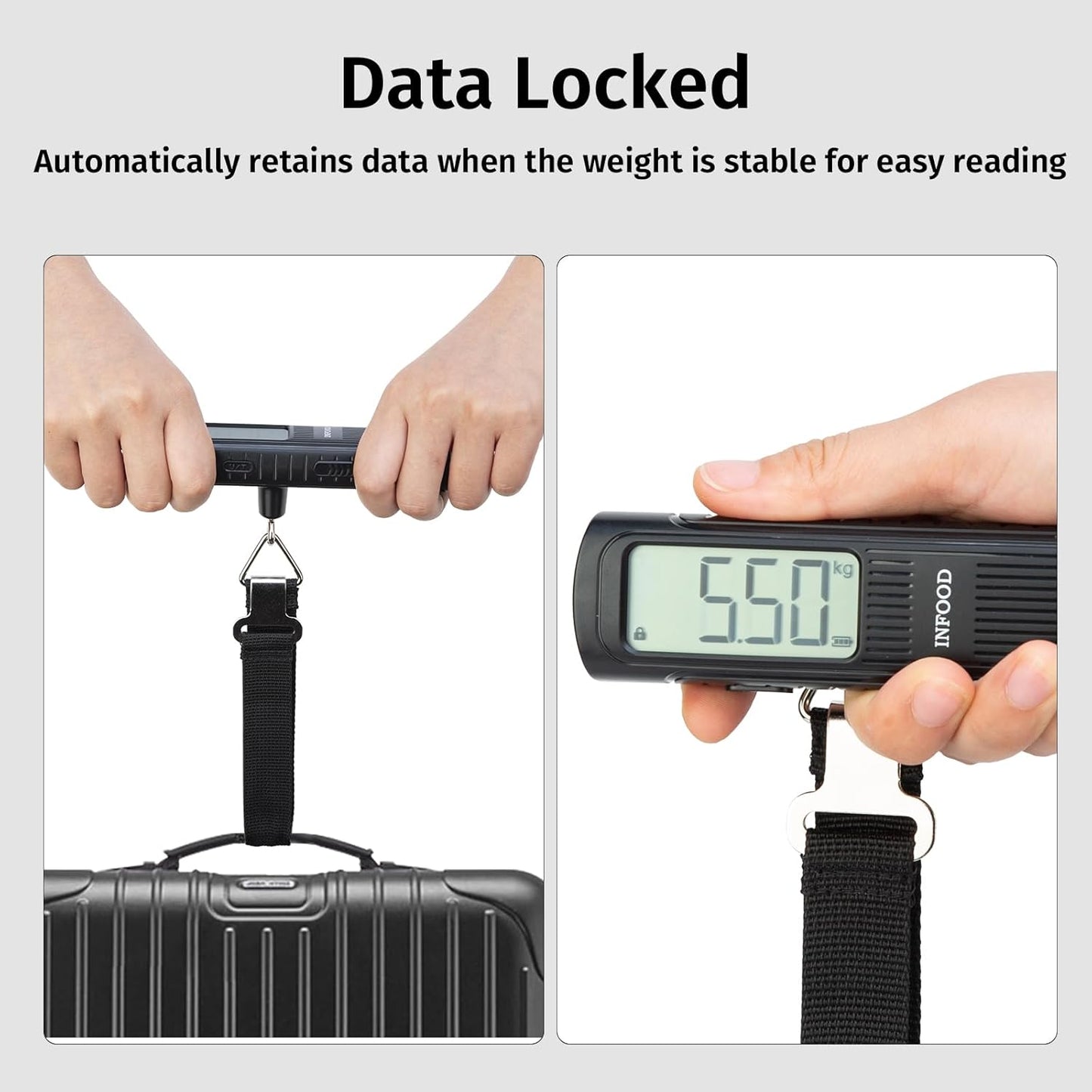 Battery-Free Digital Luggage Scale, Suitcase Scale for Travel, Portable Luggage Weight Scale with Hook & LCD Display for Luggages, Packages & Bags, 110lb/50kg Handheld Scale, Black