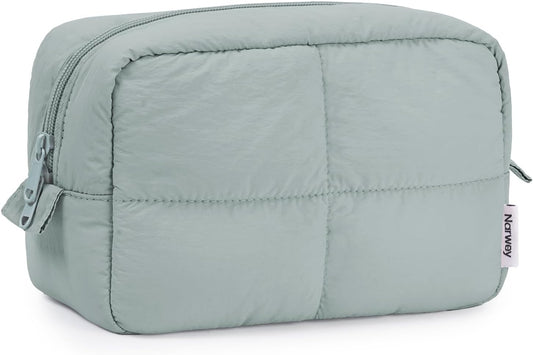 Narwey Puffy Makeup Bag for Travel Women Girl, Quilted Makeup Bag Cosmetic Bag, Cute Puffer Make Up Organizer Bags, Travel Toiletry Bag Toiletries (Sage Green)