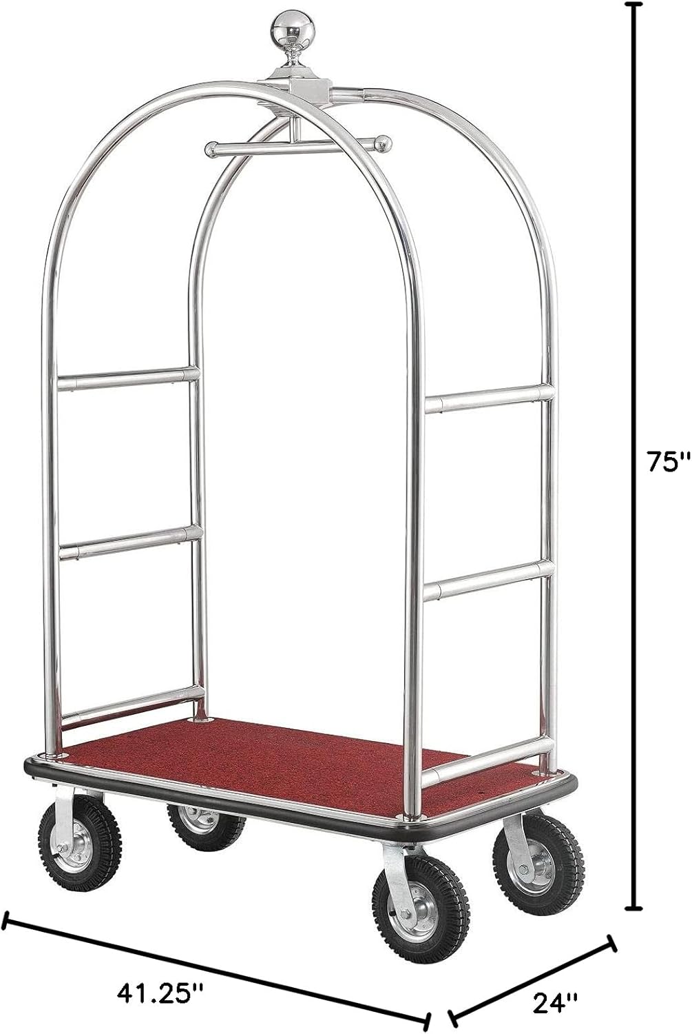 Global Industrial Silver Stainless Steel Bellman Cart Curved Uprights 8" Pneumatic Casters, 41-1/4"L x 24" W x 75" H, Hotel Luggage Cart for Commercial Use, Condos, Resorts