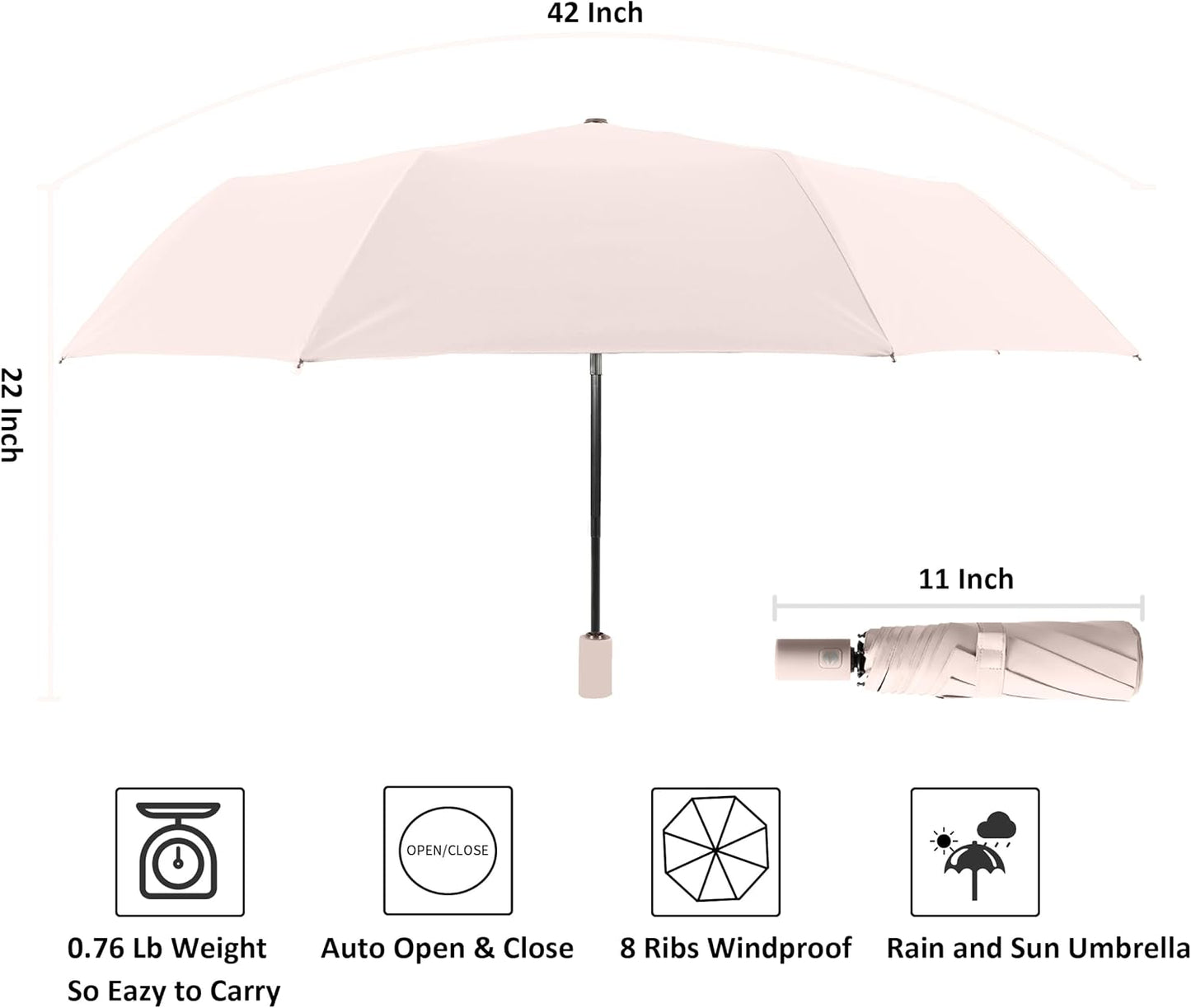 BAODINI Small UV Protection Travel Umbrella Compact for Rain and Sun UPF 50+ Windproof Portable 42
