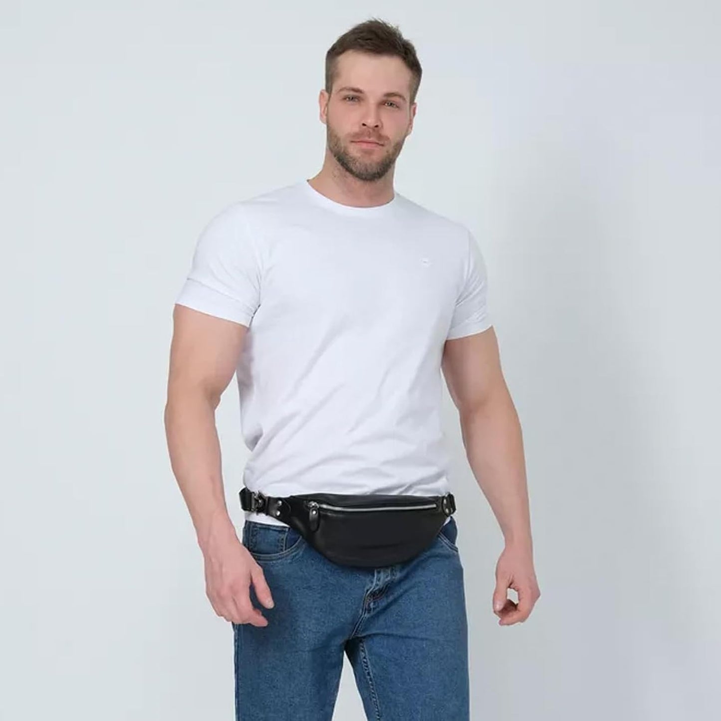 Vintage Genuine Leather Fanny Pack Small Waist Bag Travel Sling Pouch with Adjustable Leather Belt Black