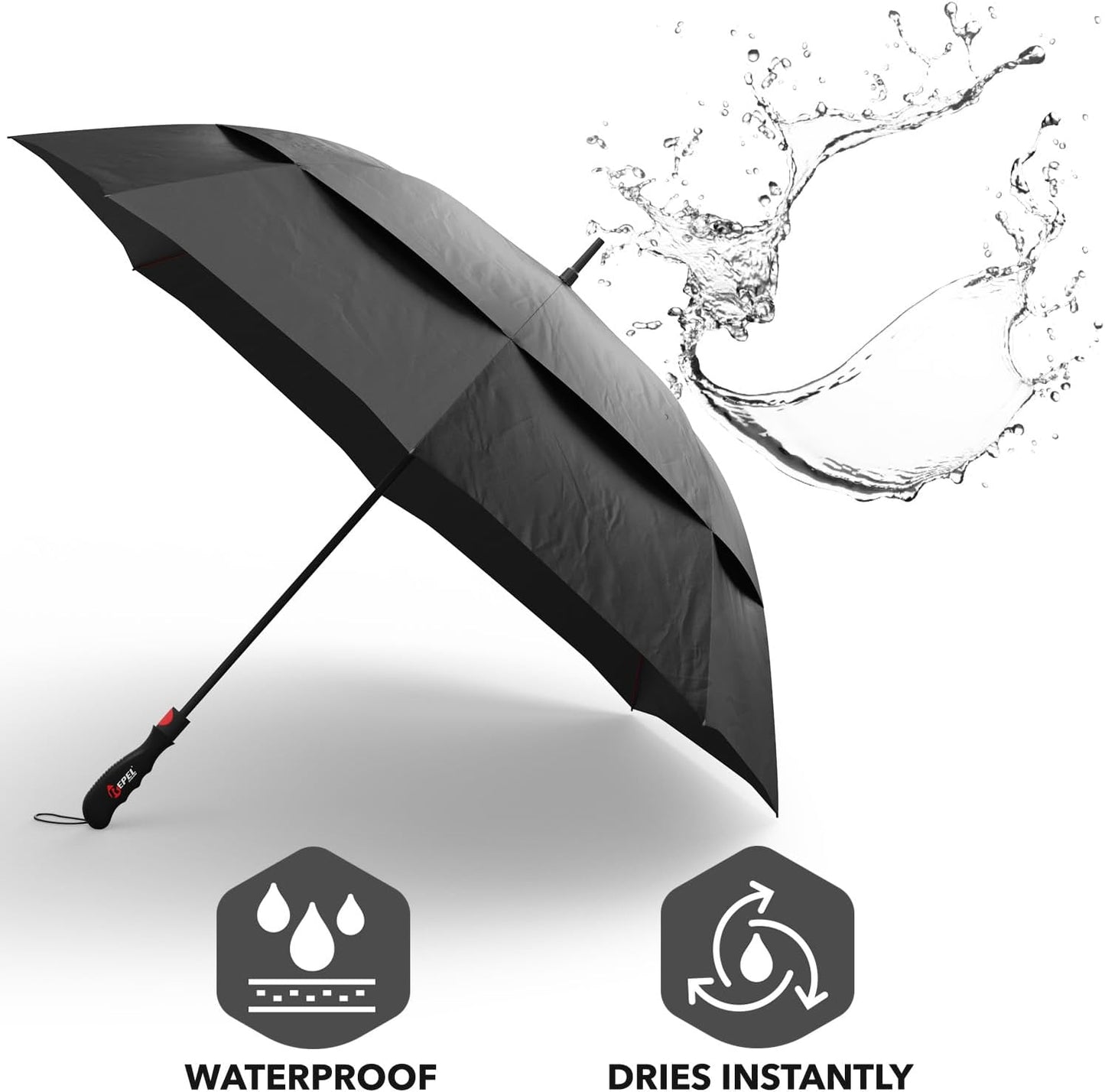 Repel Umbrella Extra Large Windproof Golf Umbrella - Covers 2 People - 60" Wide Vented Double Canopy with Reinforced Fiberglass Ribs, Waterproof Coated Canopy