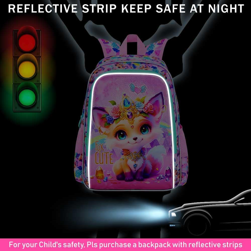3Pcs Fox Backpack for Girls, 16" Kids School Backpacks with Lunch Box, Bookbag for Elementary