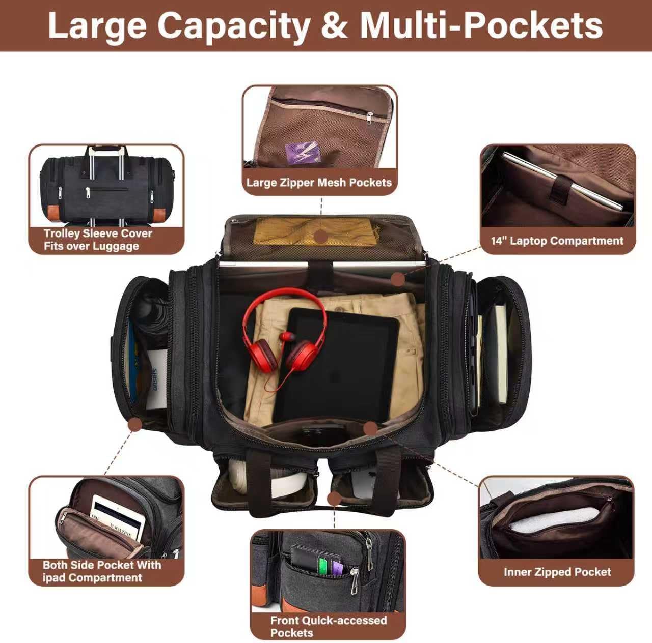 Canvas Duffle Bag For Travel, 50L Expandable Carry on Overnight Travel Duffel Bags with Laptop Compartments Weekend Gym Bag for Men(Black)