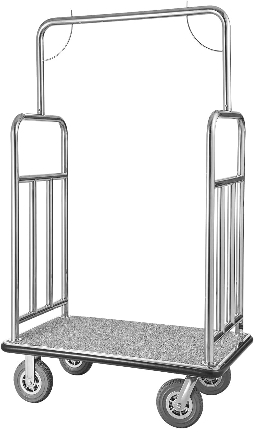 VEVOR Hotel Luggage, 1200 LBS Load Capacity, Brushed Stainless Steel Finish Bellman's Cart, Valet Cart with Grey Carpeted Deck and 8-inch Rubber Wheels, Ideal for Hotels, Condos, Resorts, Silver