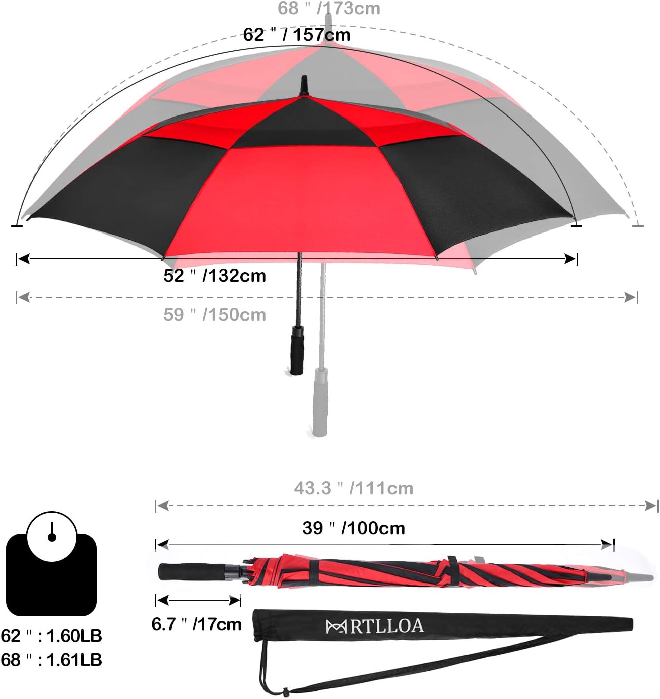 MRTLLOA Extra Large Golf Umbrella, 54/62/68/72 Inch Automatic Open, Oversize Double Canopy Vented Windproof Waterproof Sports Umbrellas for Rain