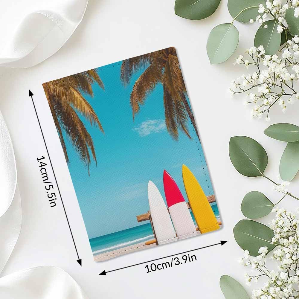 Holiday Beach Passport Holder for Travel Surfboard and Palm Tree PU Leather Passport Cover Wallet Cute Passport Card Holder for Women and Men