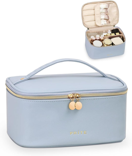 Prite Makeup Bag Portable Cosmetic Organizer with Brush Holder Waterproof Travel Toiletry Bag for Women with Handle and Divider (Blue)
