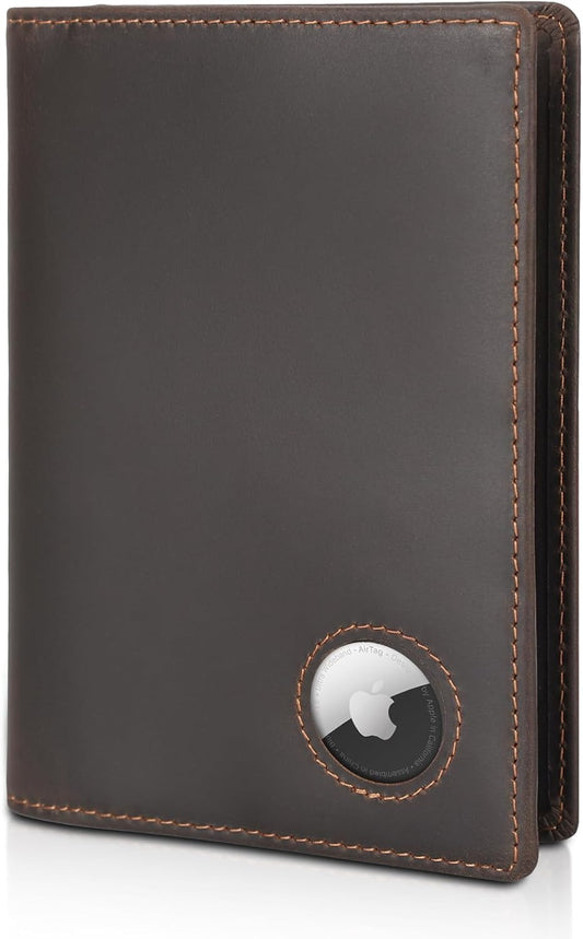 Polare Slim RFID Blocking Leather Passport Holder Travel Bifold Wallet For Men (Dark Brown with AirTag Holder)