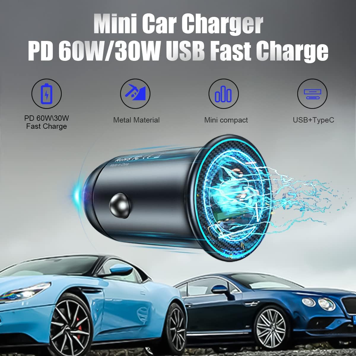USB-C Car Charger Adapter, Dual Ports Fast Charging PD 60W + QC3.0 30W Mini All-Metal Cigarette Lighter USB Charger Universal for iPhone13/Pro Max/12/XS Max/11 Pro, Samsung, Car Accessories