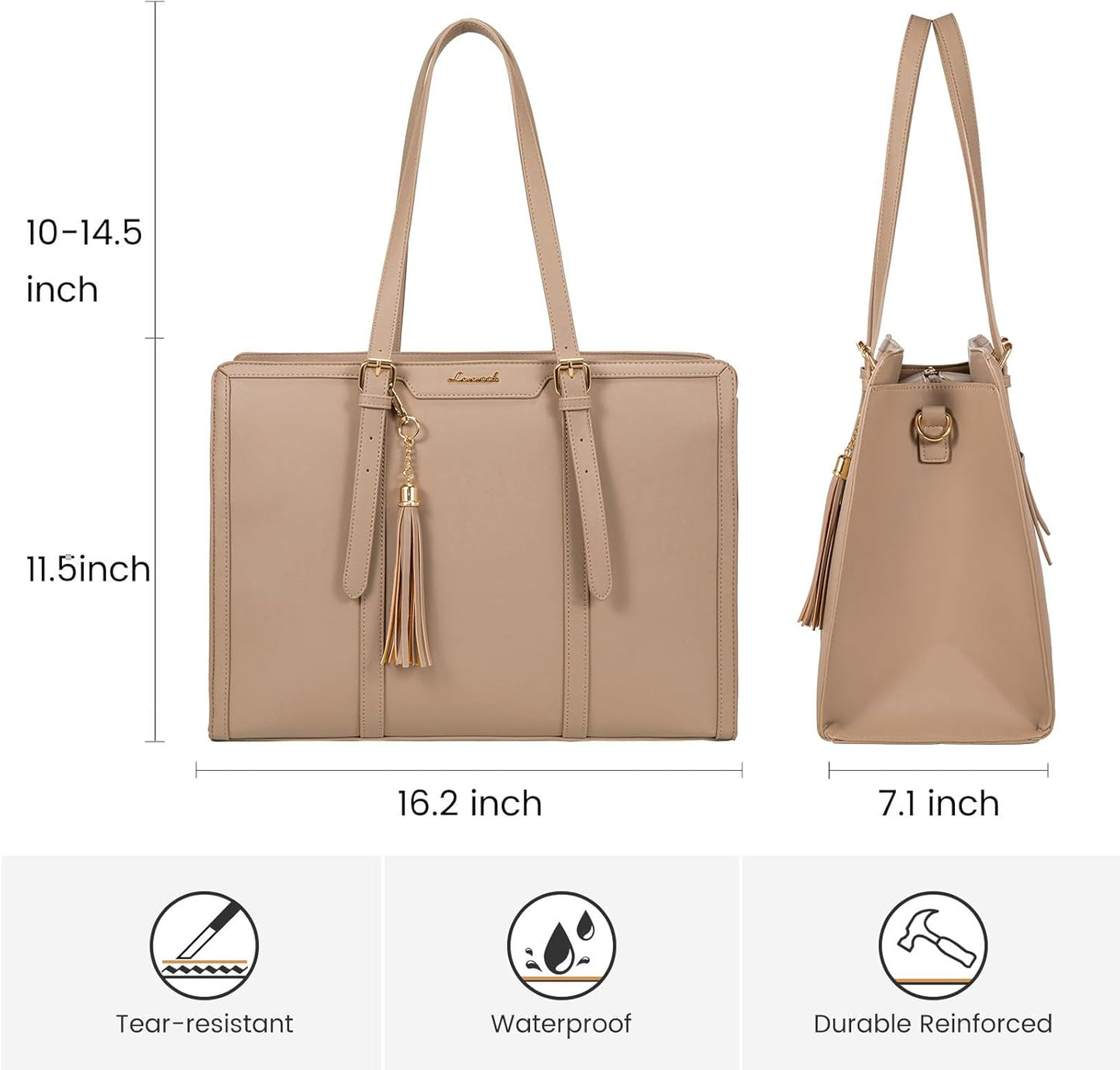 LOVEVOOK Laptop Bag for Women 15.6 inch Lightweight PU Laptop Tote Bag, Large Capacity Computer bag with Clutch Purse for Business, Work, Office, Travel,School，Casual（Light Brown，15.6 Inch）
