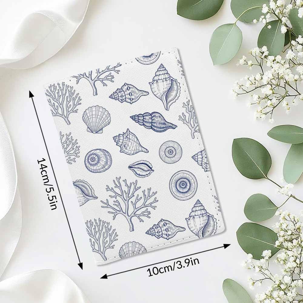 Seashell Passport Holder for Travel Coral Starfish Ocean Pattern PU Leather Passport Cover Wallet Cute Passport Card Holder for Women and Men