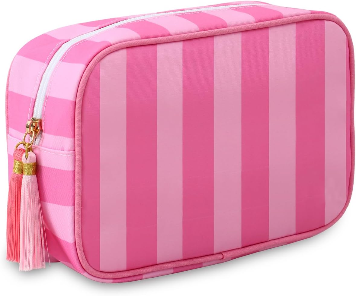 Stripe Makeup Bag Travel Cosmetic Bag Organizer Tassel Toiletry Bag Large Canvas Zipper Pouch and Accessories Storage Bag for Women