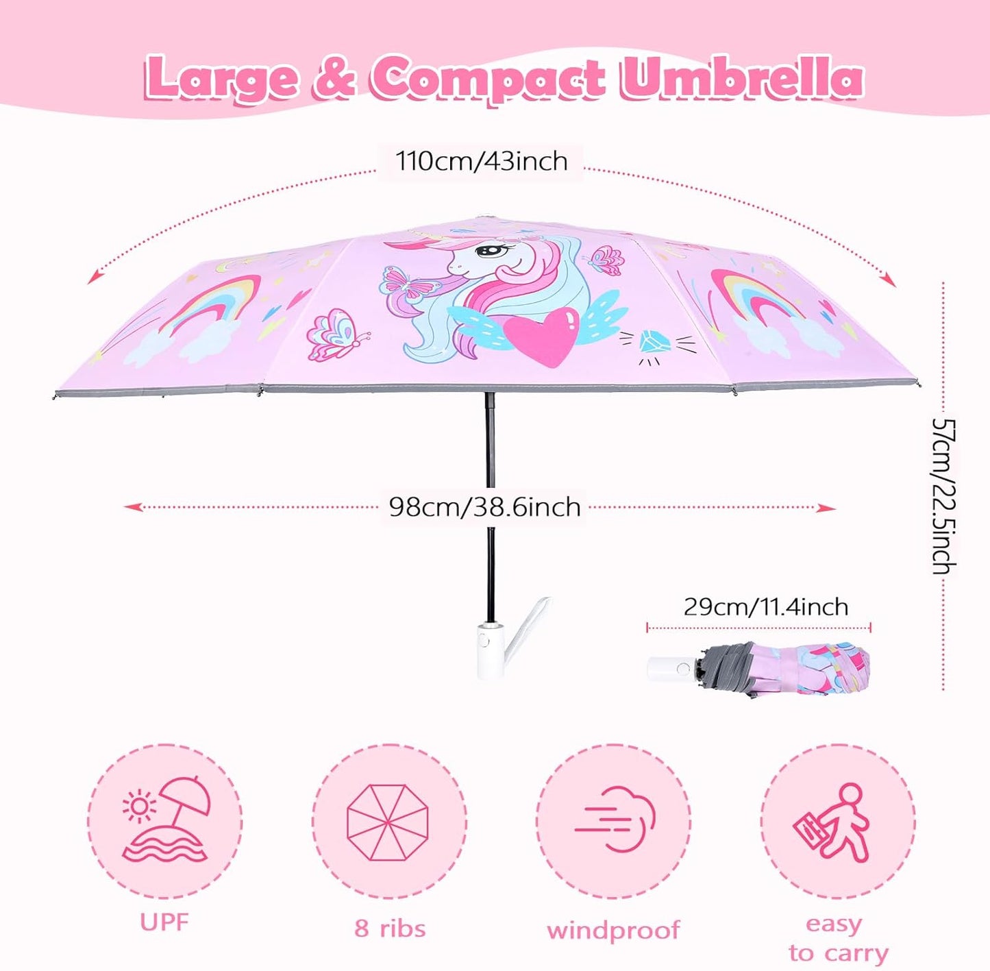 Kids Folding Umbrella Toddler Umbrella with UV Protection Portable Auto Open/Close Anti-rebound Safe Design Windproof, Compact, Lightweight Cute Umbrella for Girls & Boy