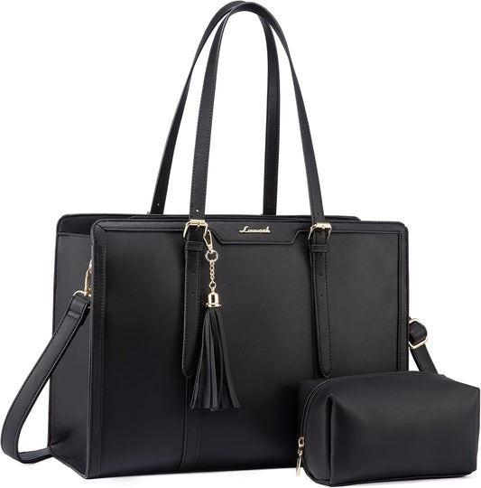 LOVEVOOK Laptop Bag for Women 17.3 Inch Lightweight PU Laptop Tote Bag, Large Capacity Computer bag with Clutch Purse for Business, Work, Office, Travel, School, Casual(Black & Leather)