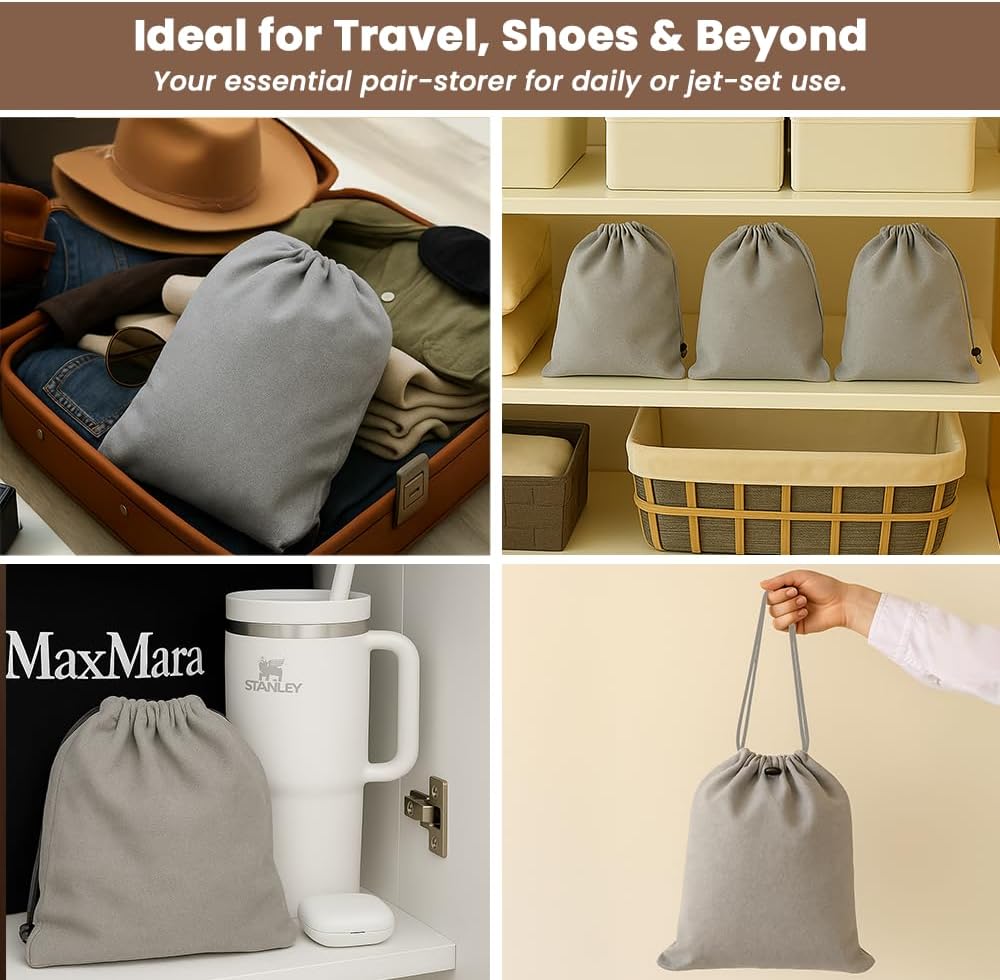 LFH Cotton Rich Shoe Storage Bags with Drawstring, Dustproof Breathable Reusable Organizer, Perfect For Travel, Dorm, Hotel, College, Gym, Easy to Carry, Machine Washable 8"x17" (Pack of 4) - Grey
