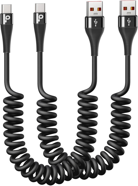 PRAKIE USB C Cable Fast Charging 5FT, Coiled USB A to USB C Cable for Car, Type C Charge Cord USB-C Charging Cable Compatible with iPhone 17/16/15/Samsung Galaxy S20 and More USB C Devices-Black 2Pack