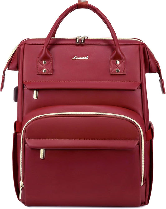 LOVEVOOK Leather Laptop Backpack for Women 15.6 inch,Travel Backpack Purse Nurse Teacher Backpack Computer Laptop Bag,Professional College Business Work Bags Carry On Backpack with USB Port,Chili Red