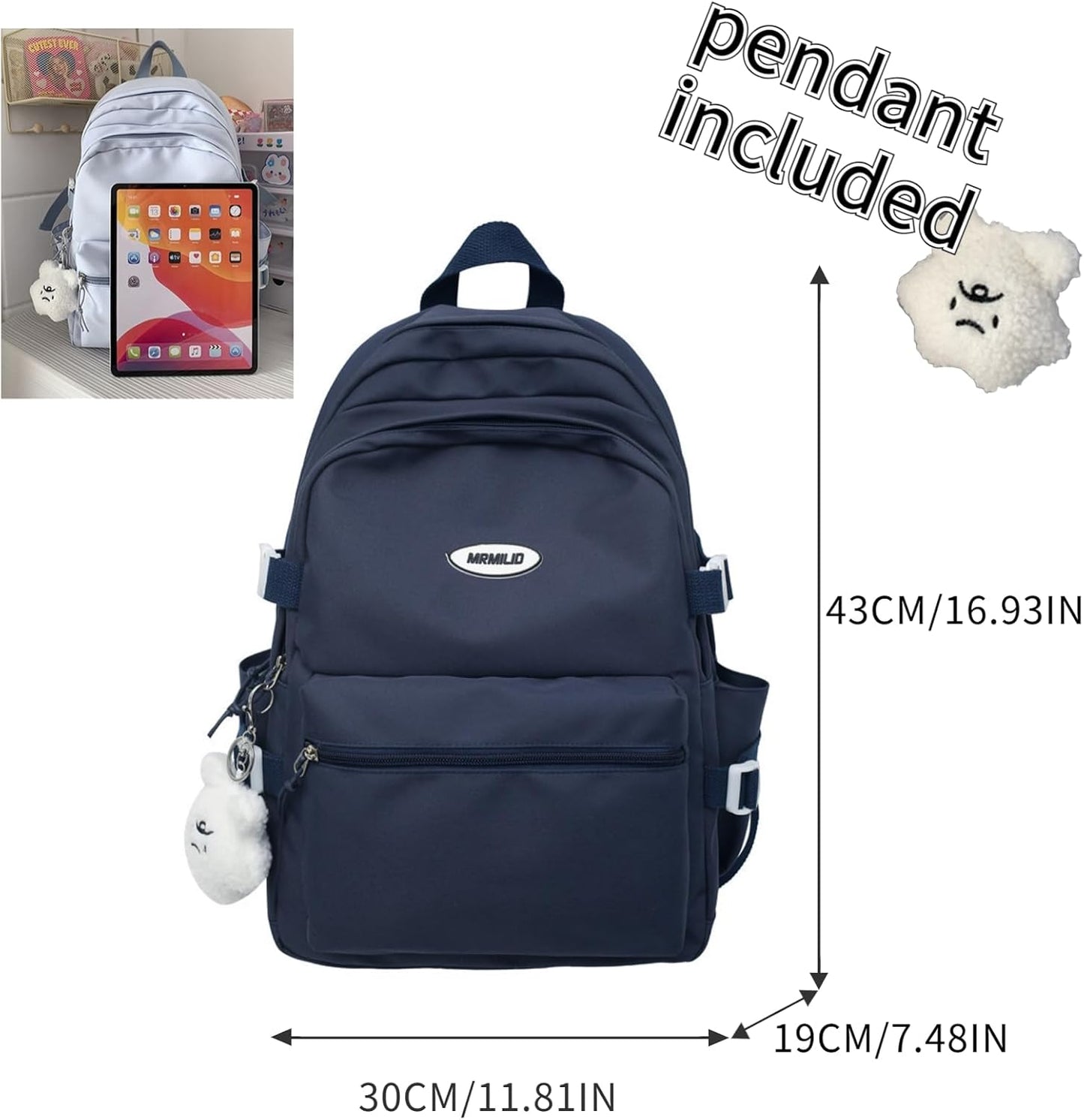 Kawaii Backpack with Cute Accessories Casual Aesthetic Daypack Simple Laptop Bag Waterproof Travel Rucksack for Women (dark blue)