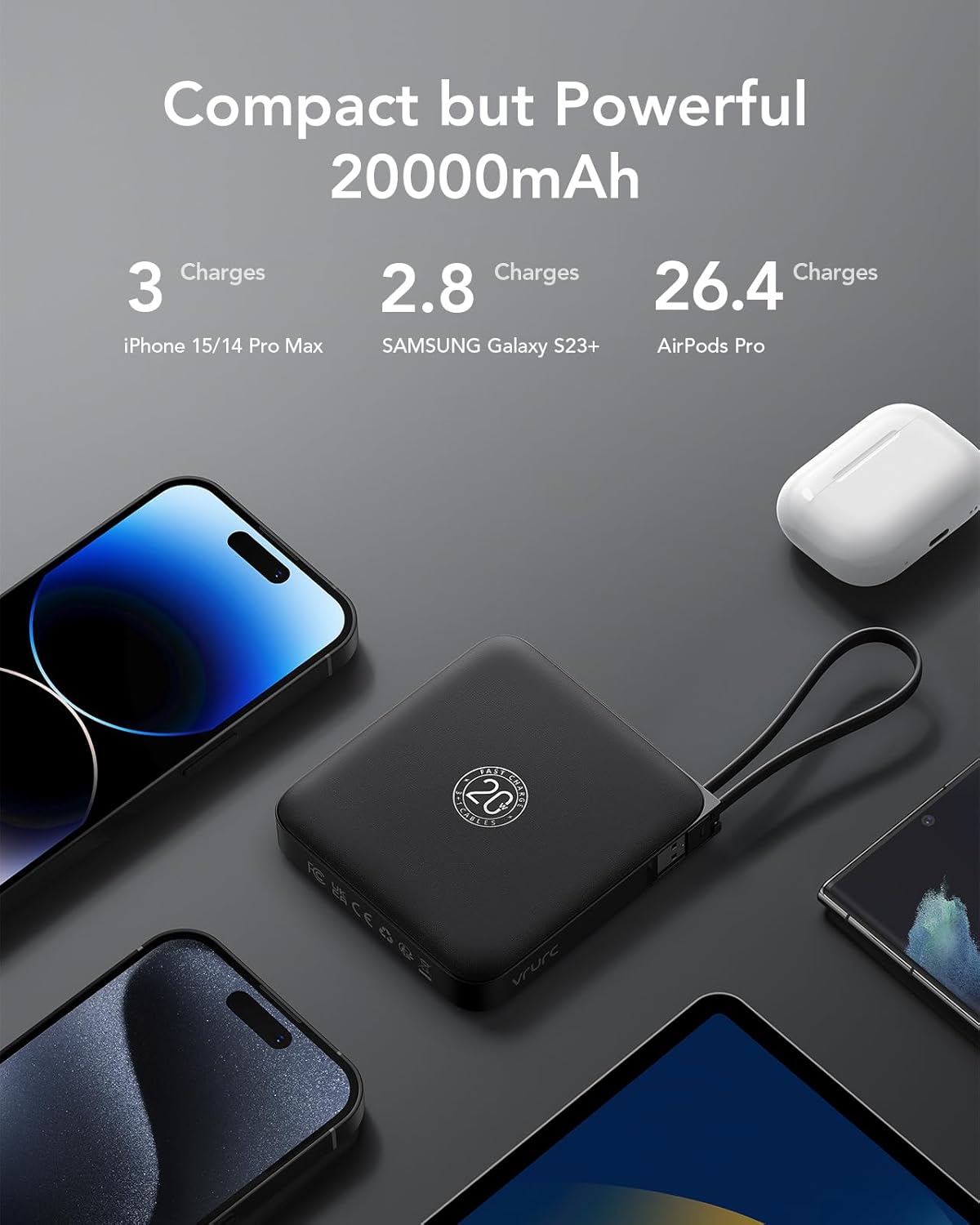 VRURC 20000mAh Portable Charger with Built-in Cables, Travel Essentials, 22.5W Fast Charging Power Bank for iPhone, Phone Battery Pack for iPhone 16 15 14 13 12 11 x Samsung Galaxy Series(1 Pack)