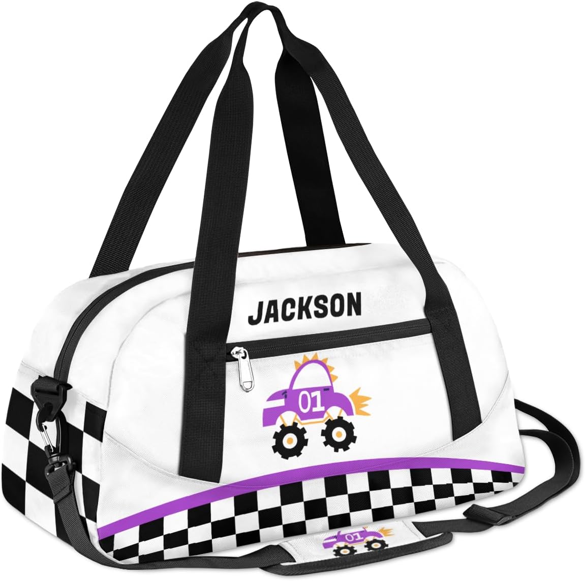 Truck Car Custom Name Kids Overnight Duffel Bags Boys Buffalo Plaid Personalized Sport Gym Bag Customized Duffel Bag for Travel Weekender Practice Gymnastics