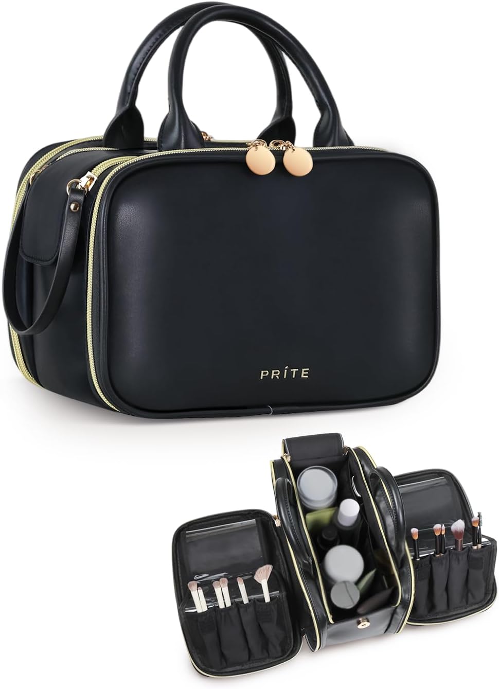 Prite Makeup Bag for Women, Large Capacity Waterproof Travel Cosmetic Organizer, Portable Open Flat Toiletry Bag with Free-standing Brush Holder and Handle(Black Large)