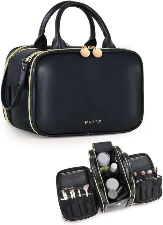 Prite Makeup Bag for Women, Large Capacity Waterproof Travel Cosmetic Organizer, Portable Open Flat Toiletry Bag with Free-standing Brush Holder and Handle(Black Medium)