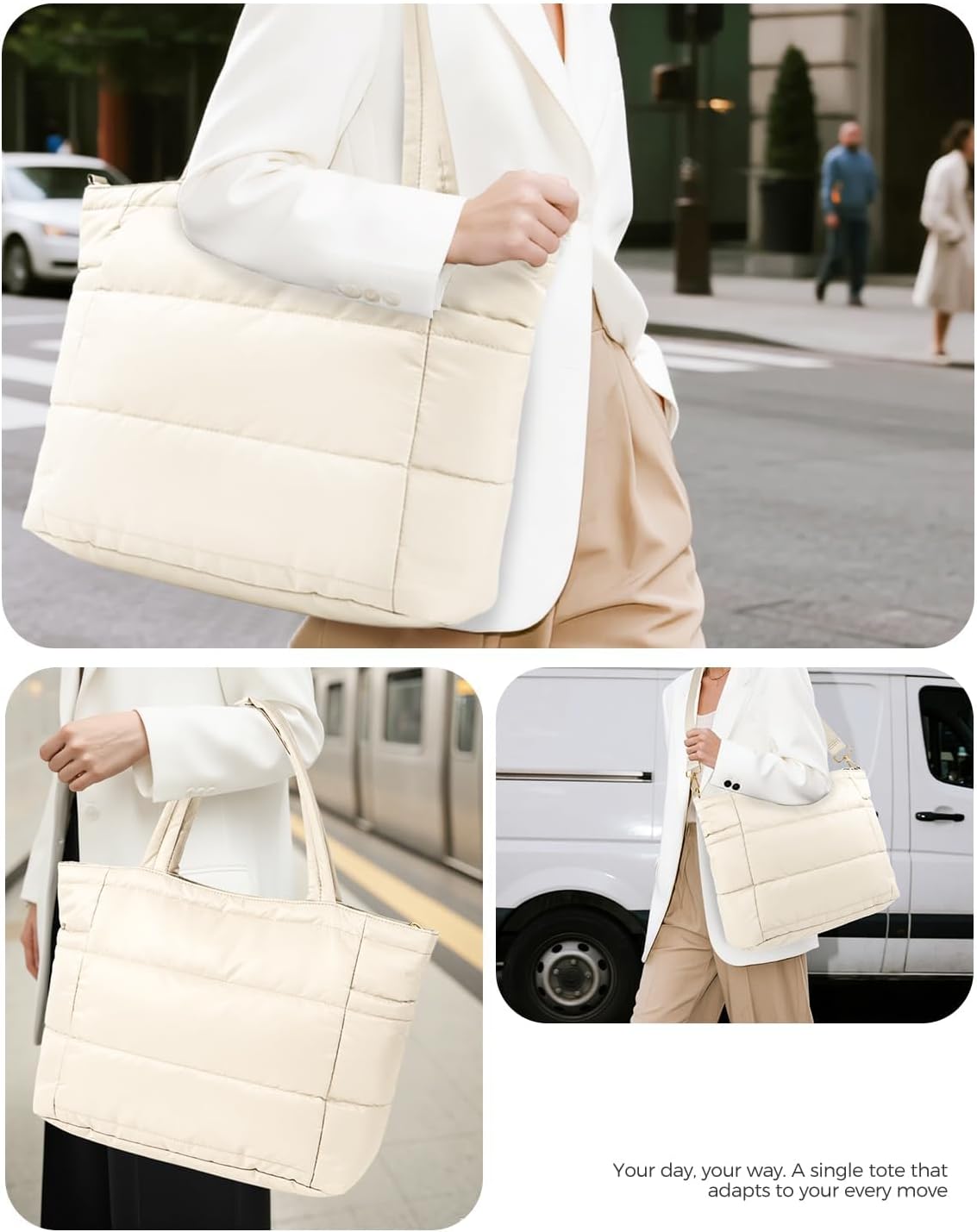 Puffer Tote Bag for Women, Lightweight Quilted Work Purse with Phone Pocket Fits 15.6" Laptop for Nurse Teacher Travel
