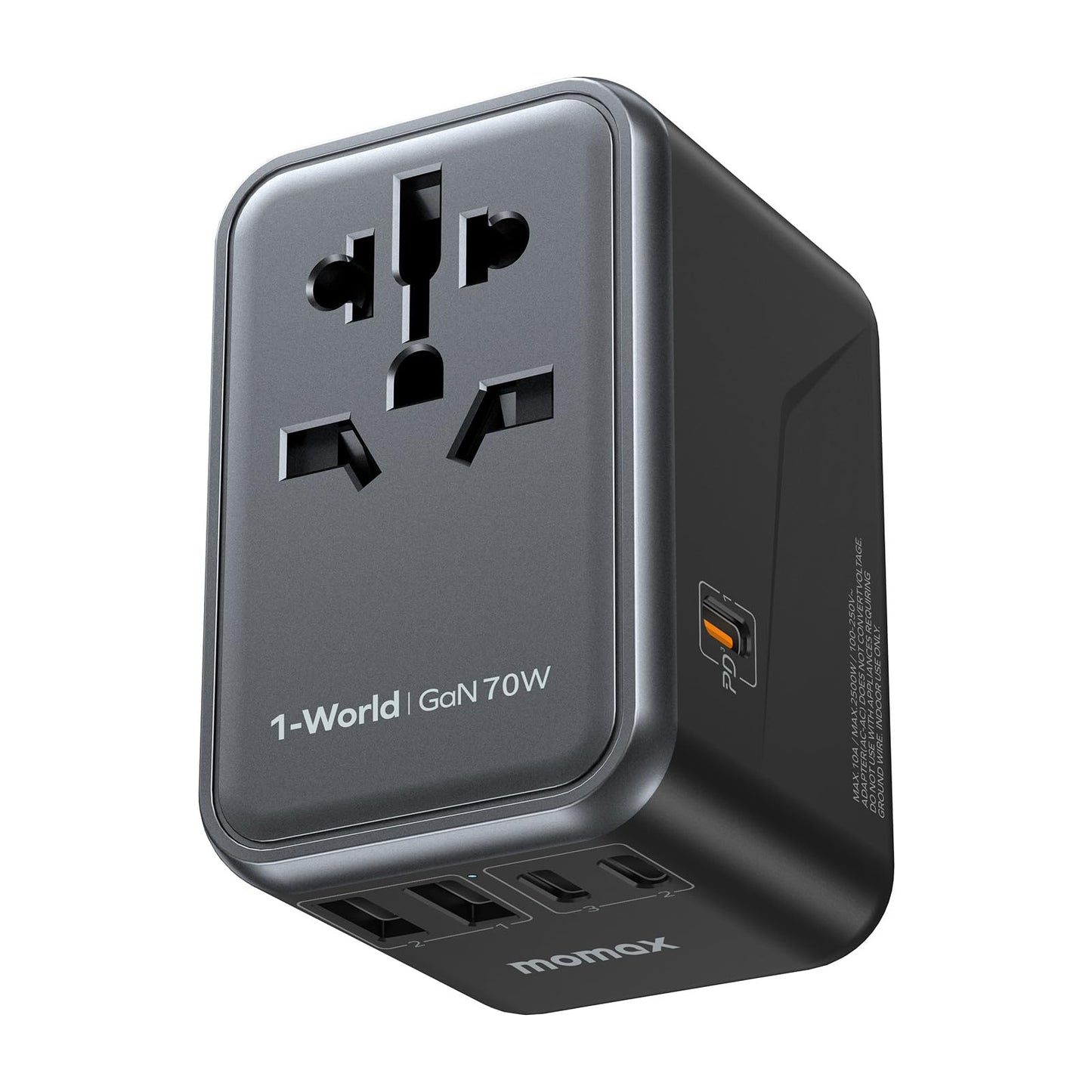 MOMAX Universal Travel Adapter 70W GaN, 3 USB-C PD & 2 USB-A QC, International Power Adapter