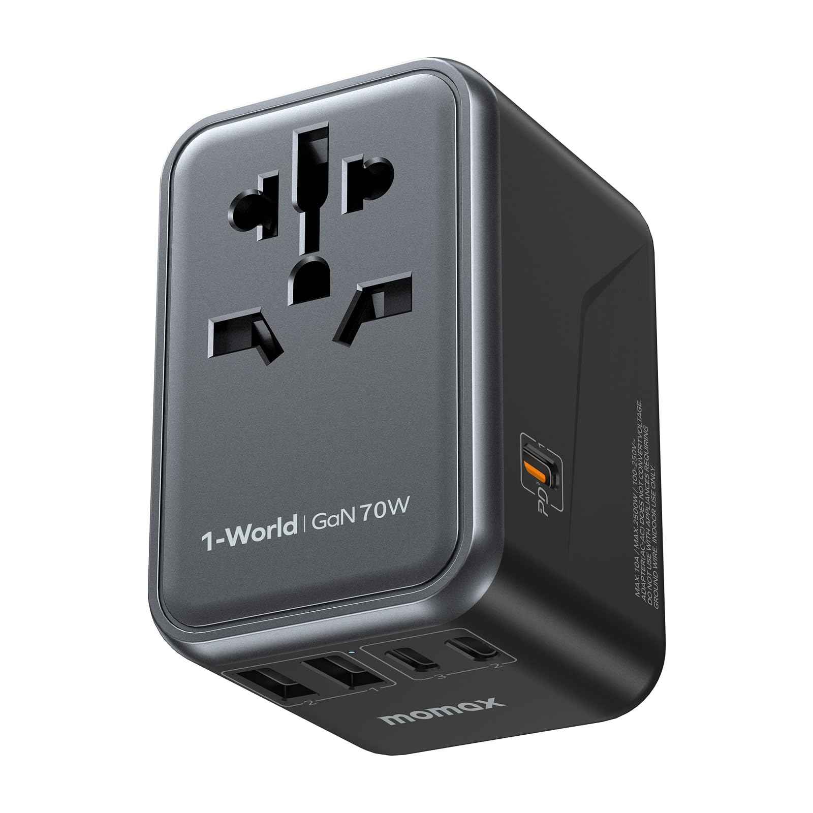 MOMAX Universal Travel Adapter 70W GaN, 3 USB-C PD & 2 USB-A QC, International Power Adapter