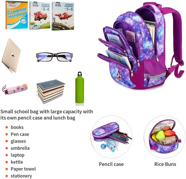 Cusangel Purple Mermaid 3pcs Set with Lunch Box Pencil Case,Multi Compartment Backpack, Dinosaur Backpack Chest Strap Side Pockets 16 Inch