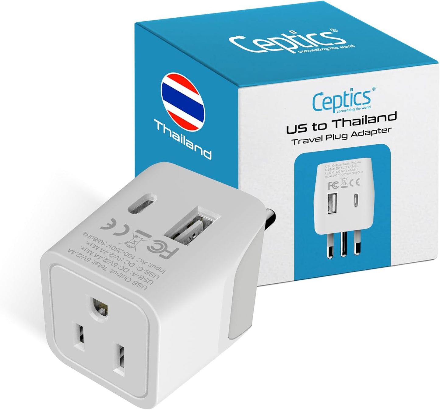 Ceptics Thailand Travel Plug Adapter – Type O Power Adapter with USB-C & A + USA Input – Ultra