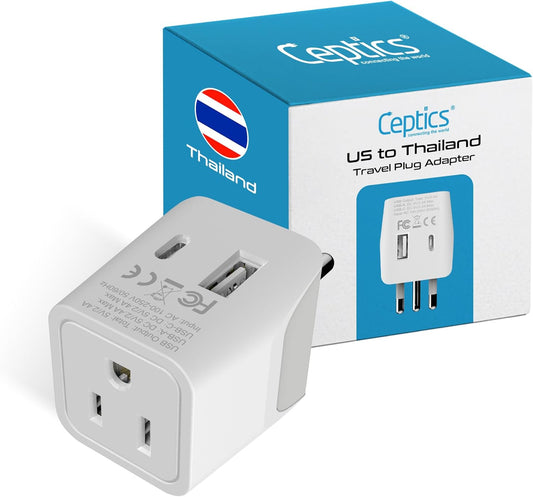 Ceptics Thailand Travel Plug Adapter – Type O Power Adapter with USB-C & A + USA Input – Ultra Compact,3-in-1 Safe Grounded Adapter Plug for Thailand