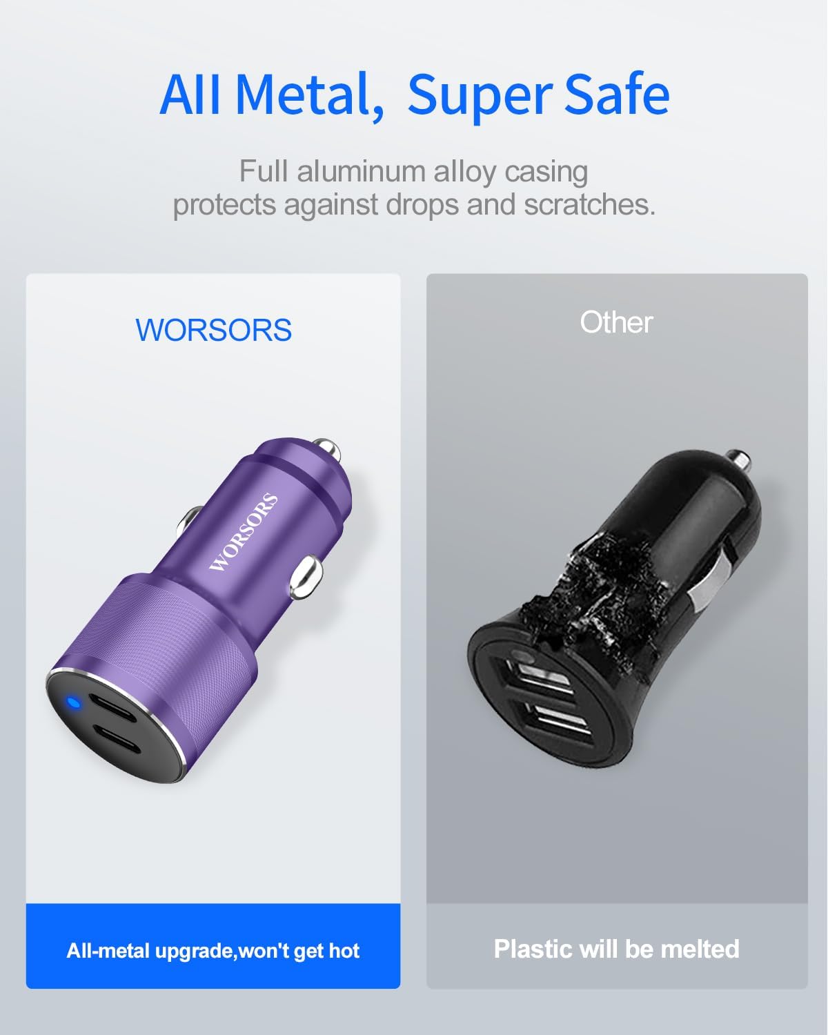 Dual 45W USB C Car Charger, 90W Max Super Fast Charging, All Metal 12V Cigarette Lighter Adapter for iPhone 17 Pro Max/16/15/iPad, Samsung Galaxy S25/S24, Google Phones with 2 Type C Cord 3.3ft Purple